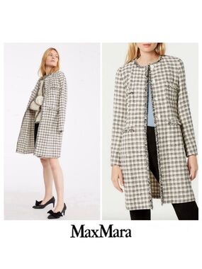 MAXMARA Weekend Anabela Checker Fringed Black White Mid Length Light Coat Sz 12